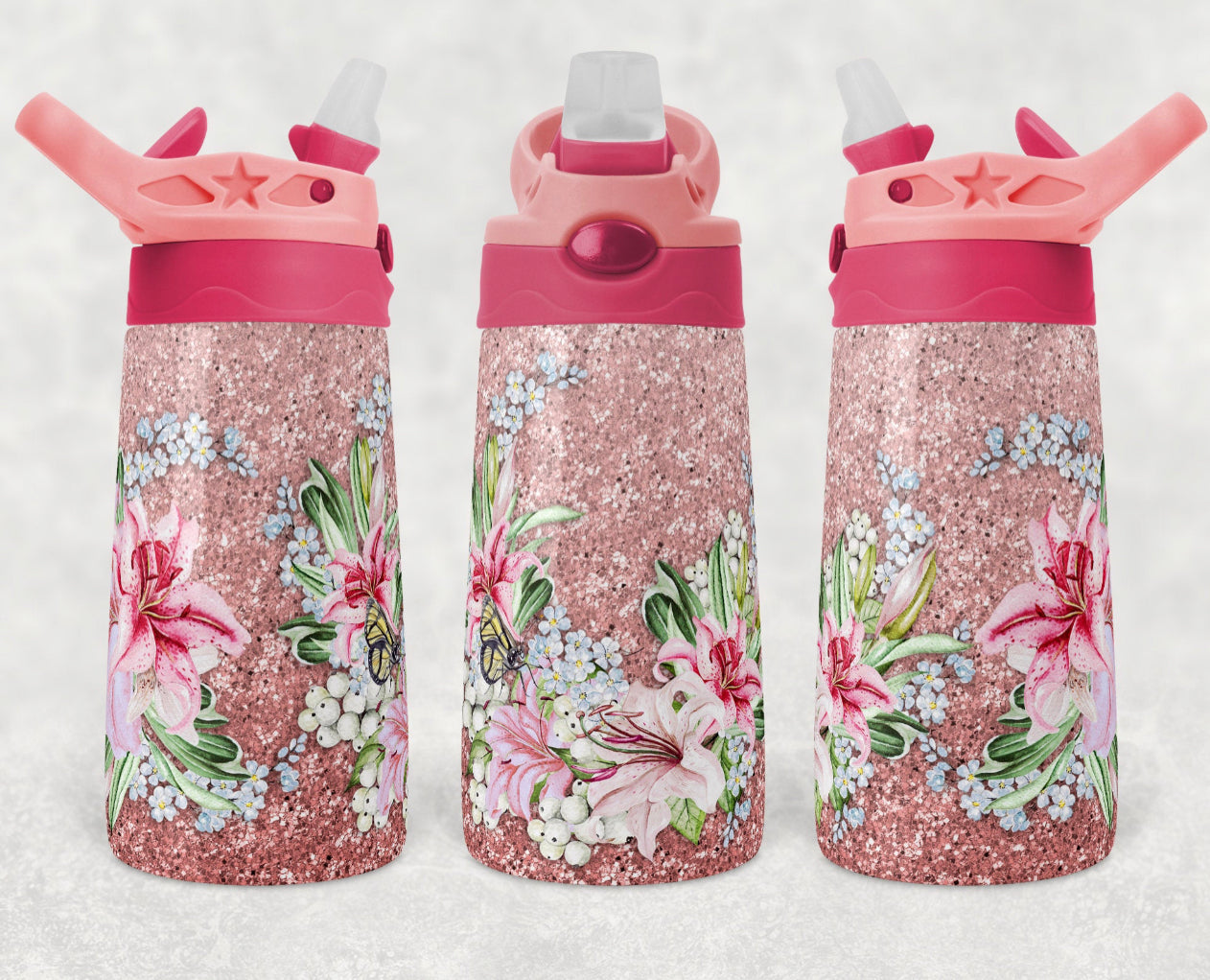 Pink Glitter with Flowers - 12oz Kids Flip Cup water Bottle Tumbler