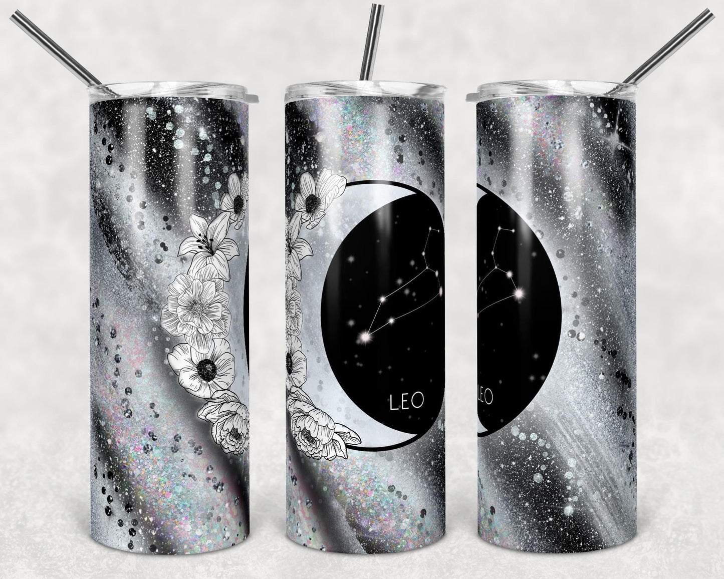Gray Zodiac Sign- 20oz or 30oz Skinny Tumblers w/ Lid and Metal Straw
