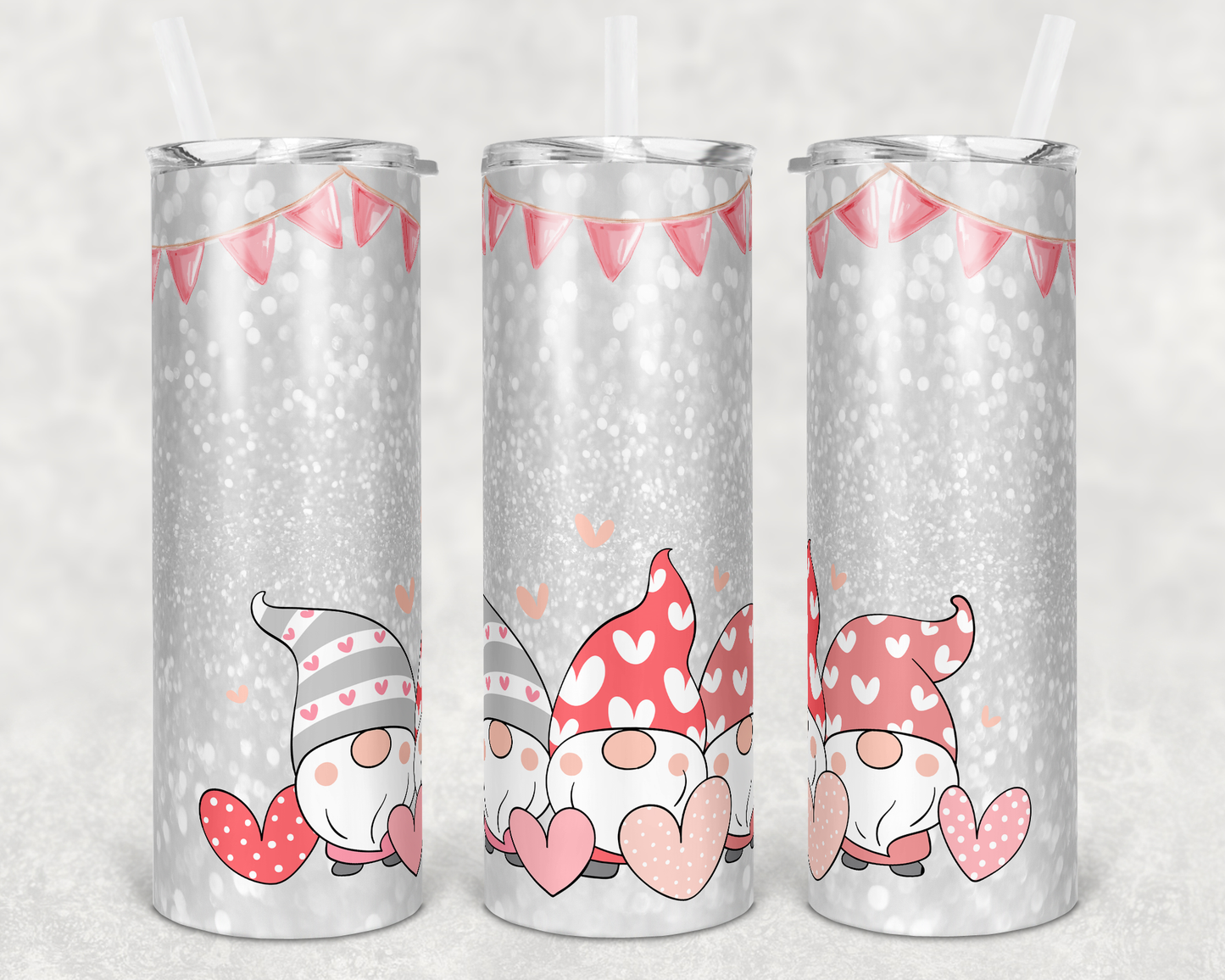 Pink 3 sitting Gnome- 20 oz or 30oz Skinny Tumblers w/ Lid and Metal Straw