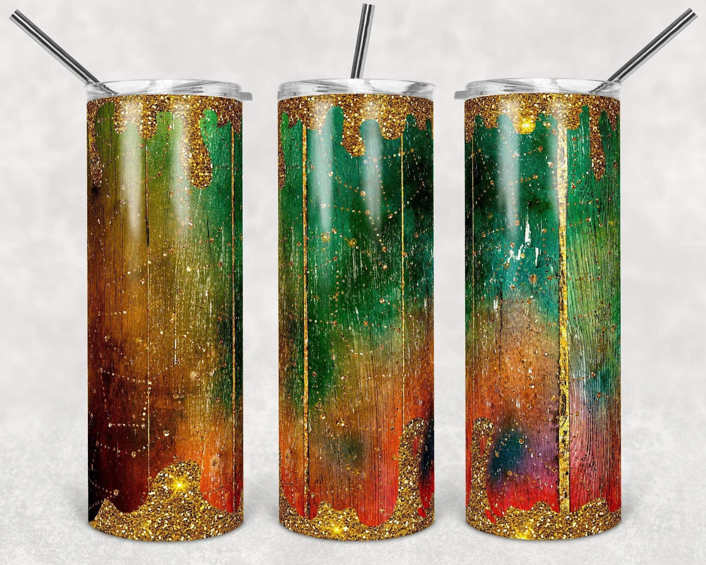 Green, Yellow & Red Gold Dripping Up- 20oz or 30oz Skinny Tumblers w/ Lid and Metal Straw