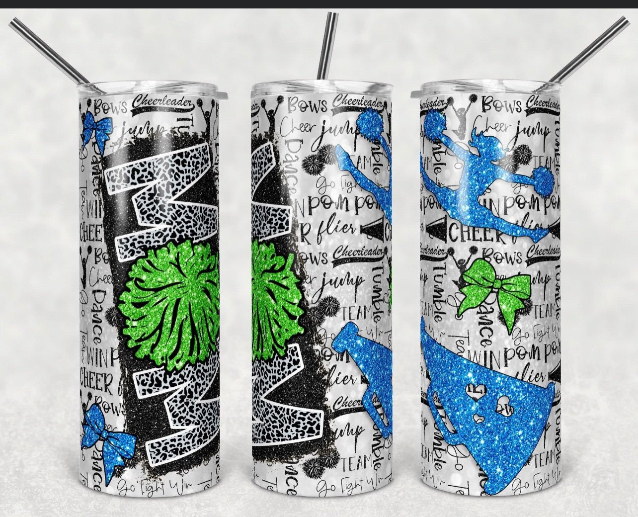 Blue & GREEN Cheer Mom- 20oz or 30oz Skinny Tumblers w/ Lid and Metal Straw