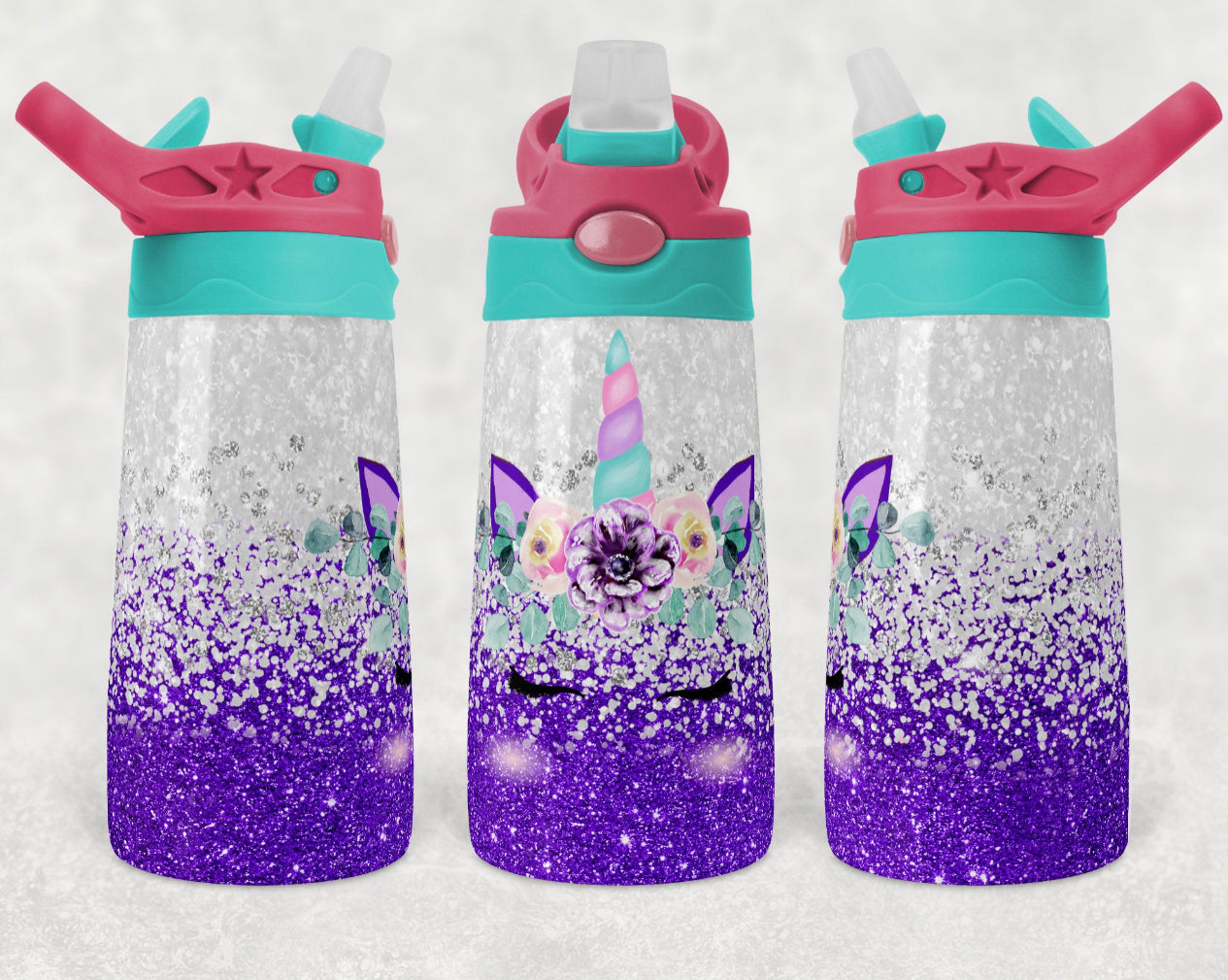 Purple Glitter Unicorn - 12oz Kids Flip Cup water Bottle Tumbler