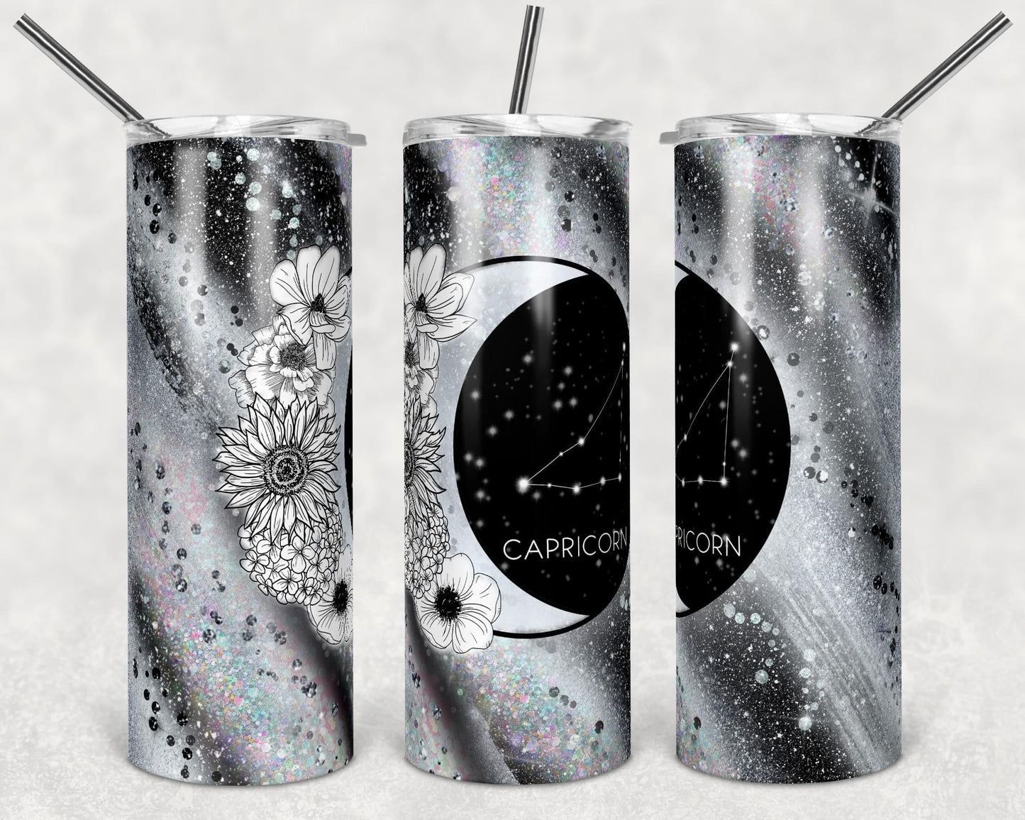 Gray Zodiac Sign- 20oz or 30oz Skinny Tumblers w/ Lid and Metal Straw