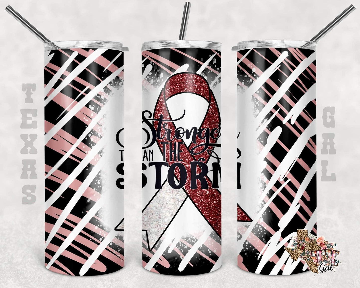 Red & White Ribbon Stronger Than Storm- 20oz or 30oz Skinny Tumblers w/ Lid and Metal Straw