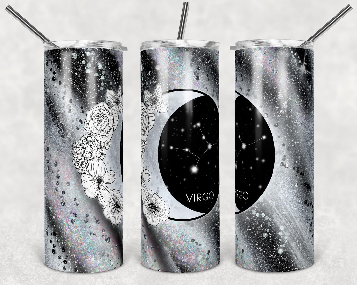 Gray Zodiac Sign- 20oz or 30oz Skinny Tumblers w/ Lid and Metal Straw