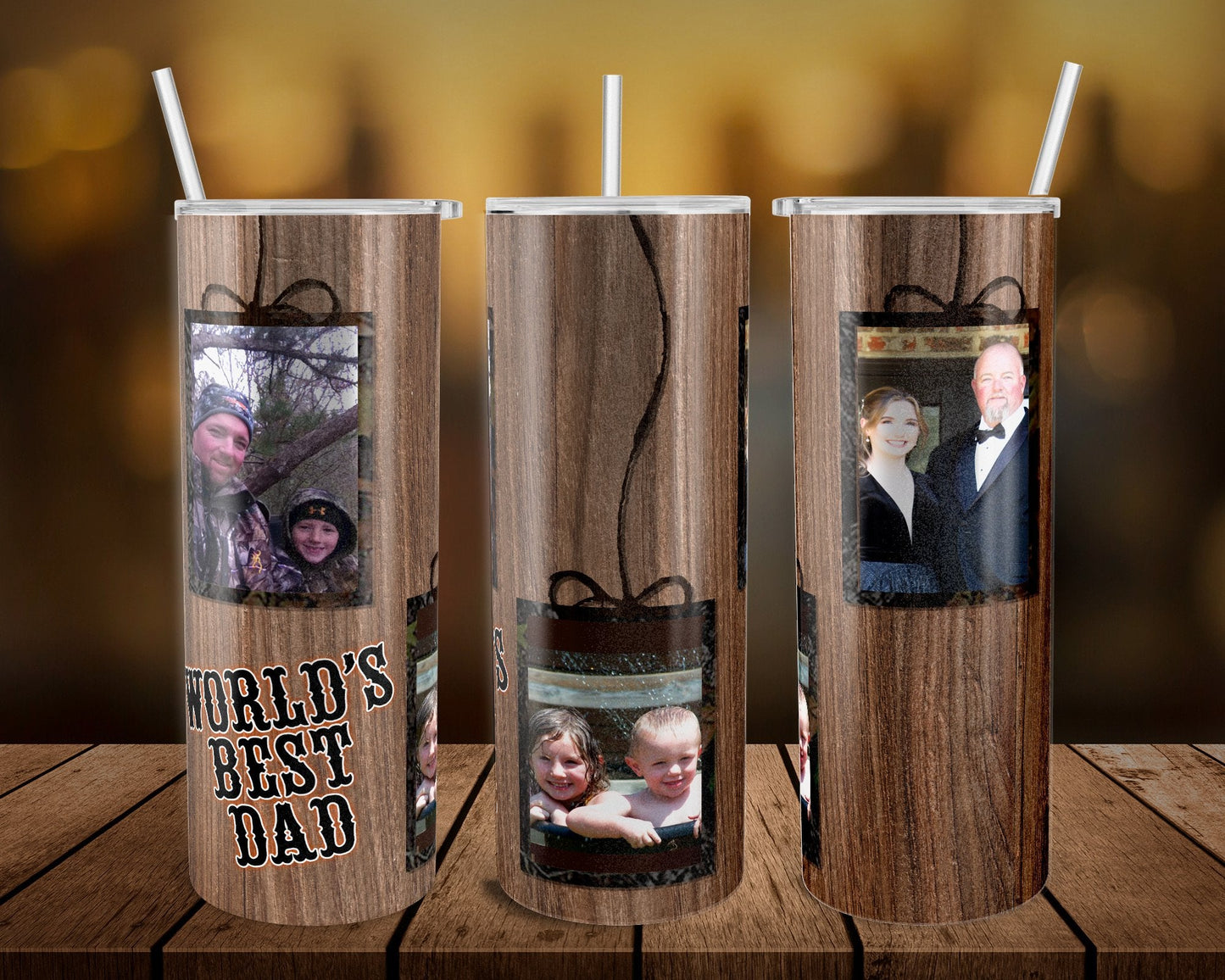 Wood Worlds Best Dad Pictures- 20 oz or 30oz Skinny Tumblers w/ Lid and Metal Straw