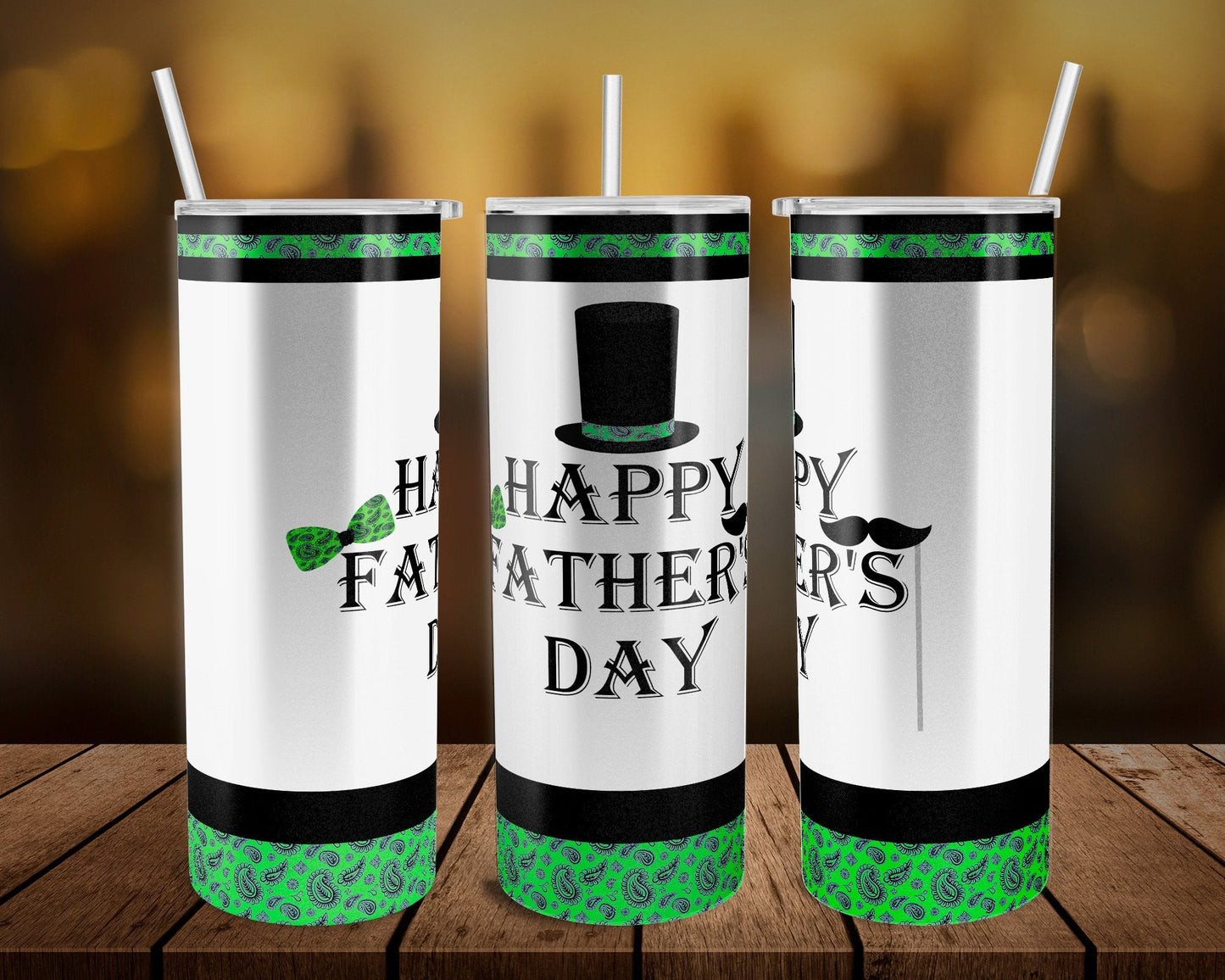 Green Top Hat Father- 20 oz or 30oz Skinny Tumblers w/ Lid and Metal Straw