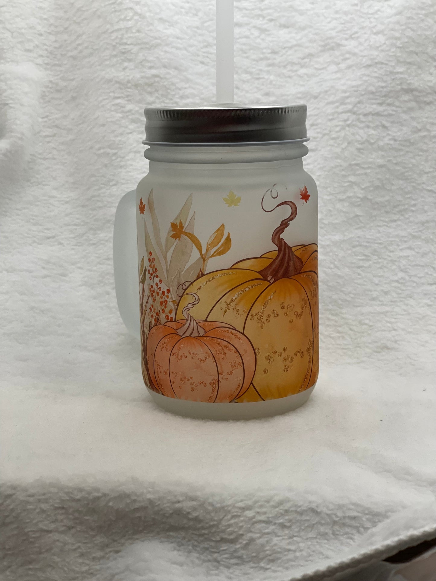 Frosted Mason Jar with lid and straw - Pumpkin Fall