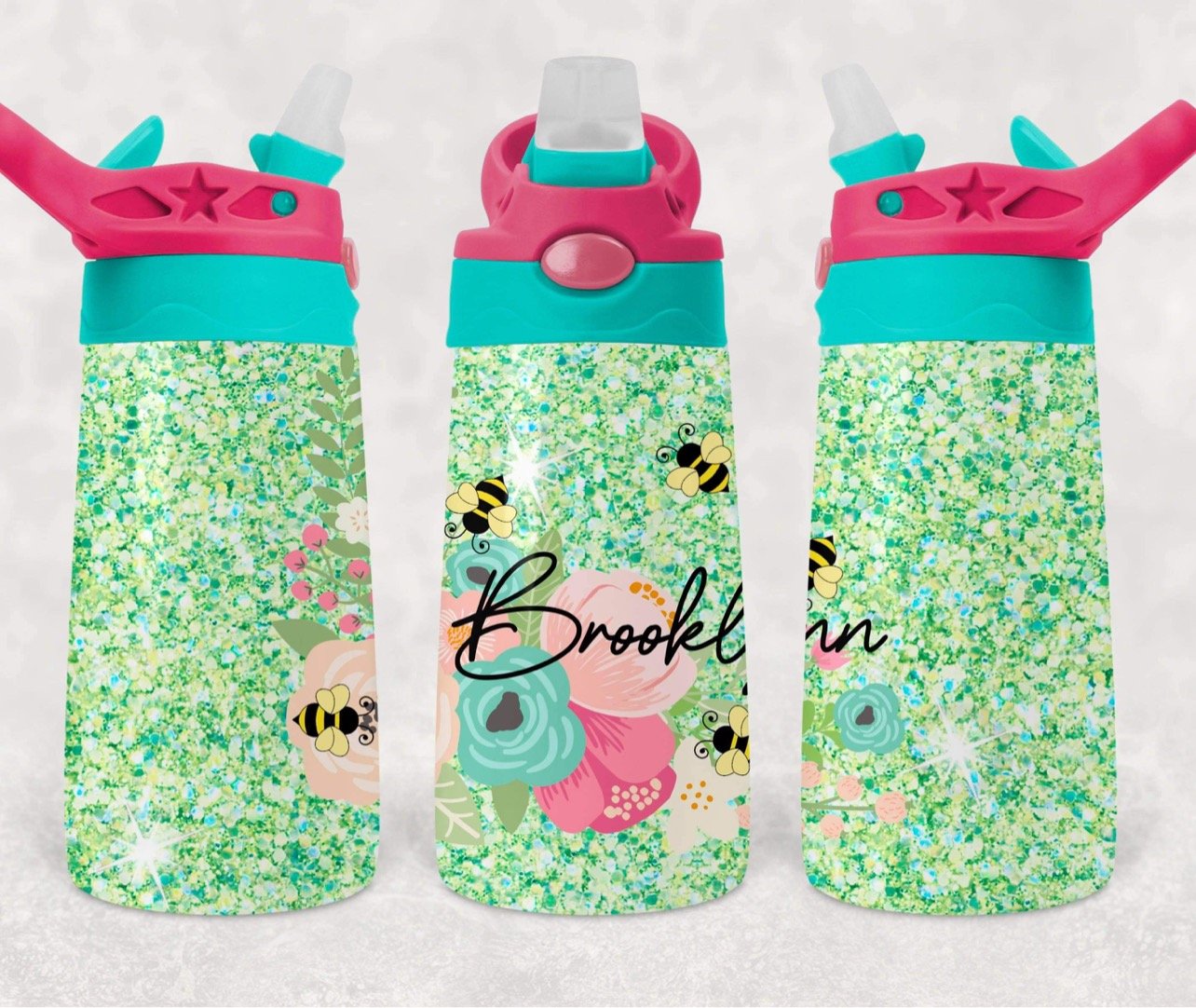 Glitter flowers with Bees - 12oz Kids Flip Cup Tumbler
