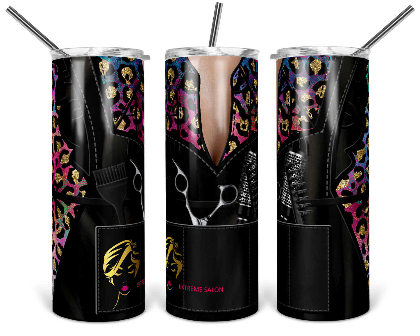 Rainbow Cheetah Hair Apron - 20oz or 30oz Skinny Tumblers w/ Lid and Metal Straw