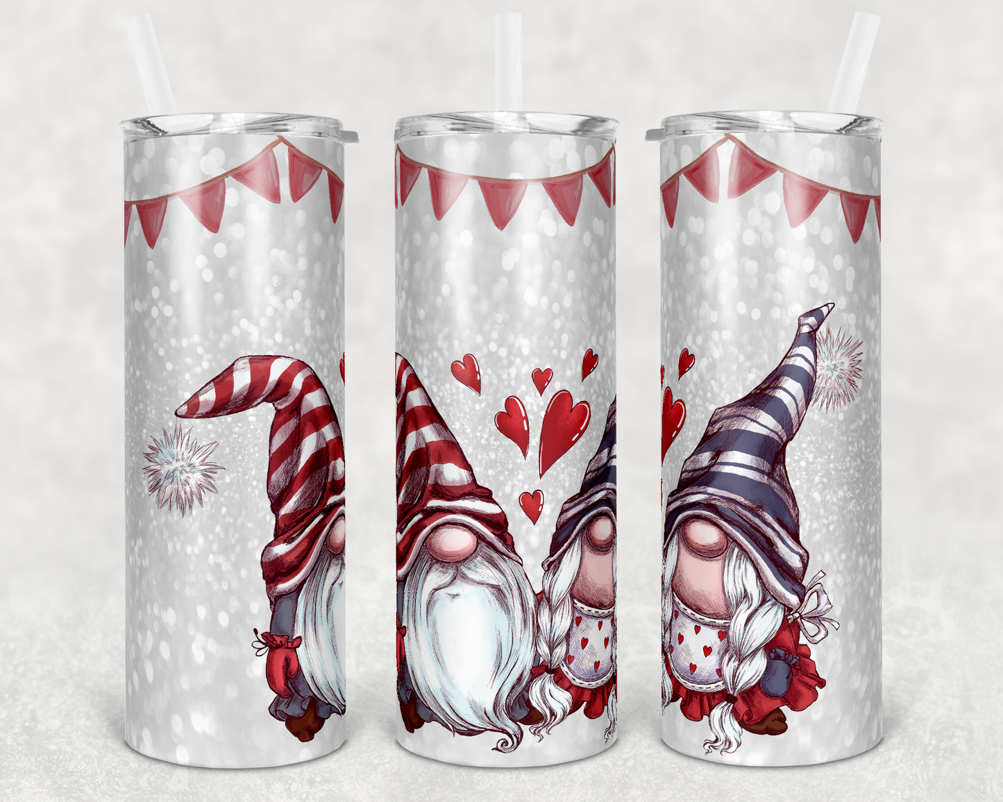 Red heart Gnomes- 20 oz or 30oz Skinny Tumblers w/ Lid and Metal Straw