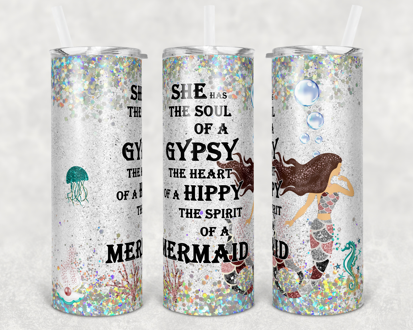 Mermaid SOul Of a Gypsy - 20 oz or 30oz Skinny Tumblers w/ Lid and Metal Straw