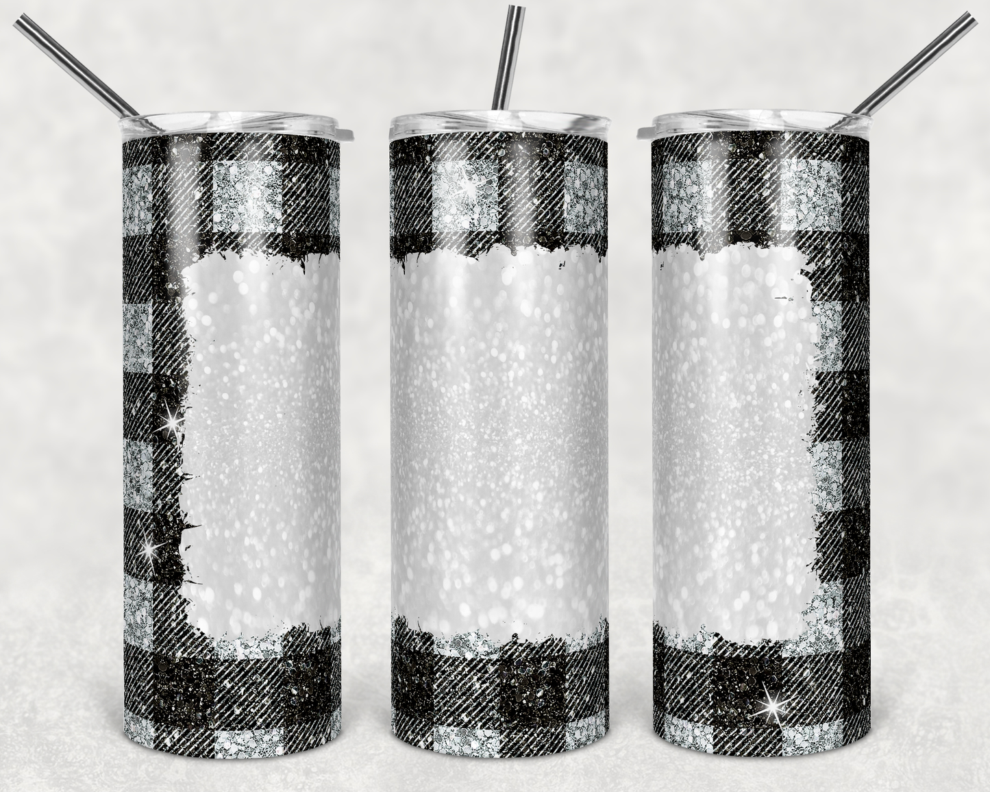 Plaid Black Silver Glitter Holiday - 20oz or 30oz as Skinny Tumblers w/ Lid and Metal Straw