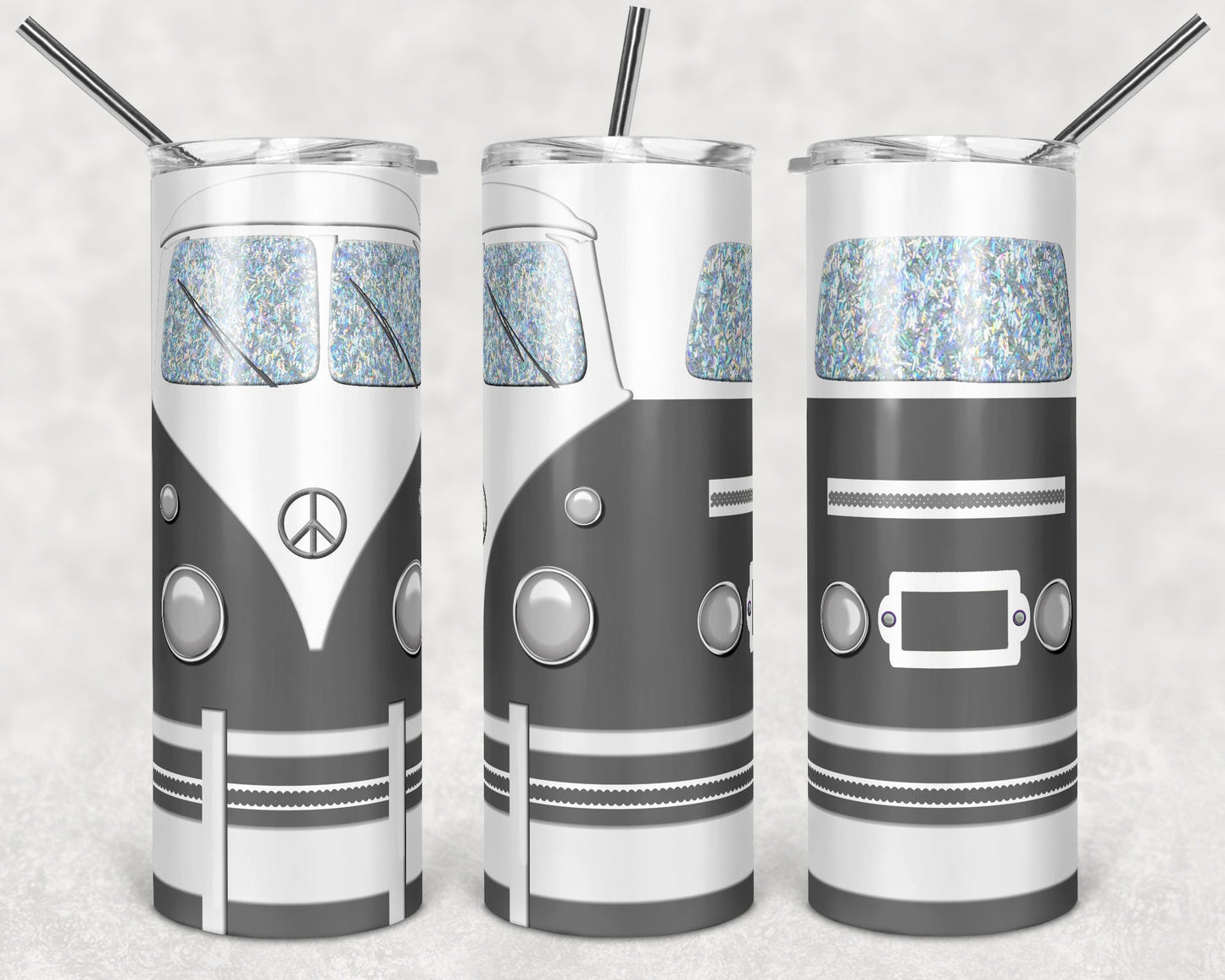 Volkswagen Gray Hippy Peace - 20 oz or 30oz Skinny Tumblers w/ Lid and Metal Straw
