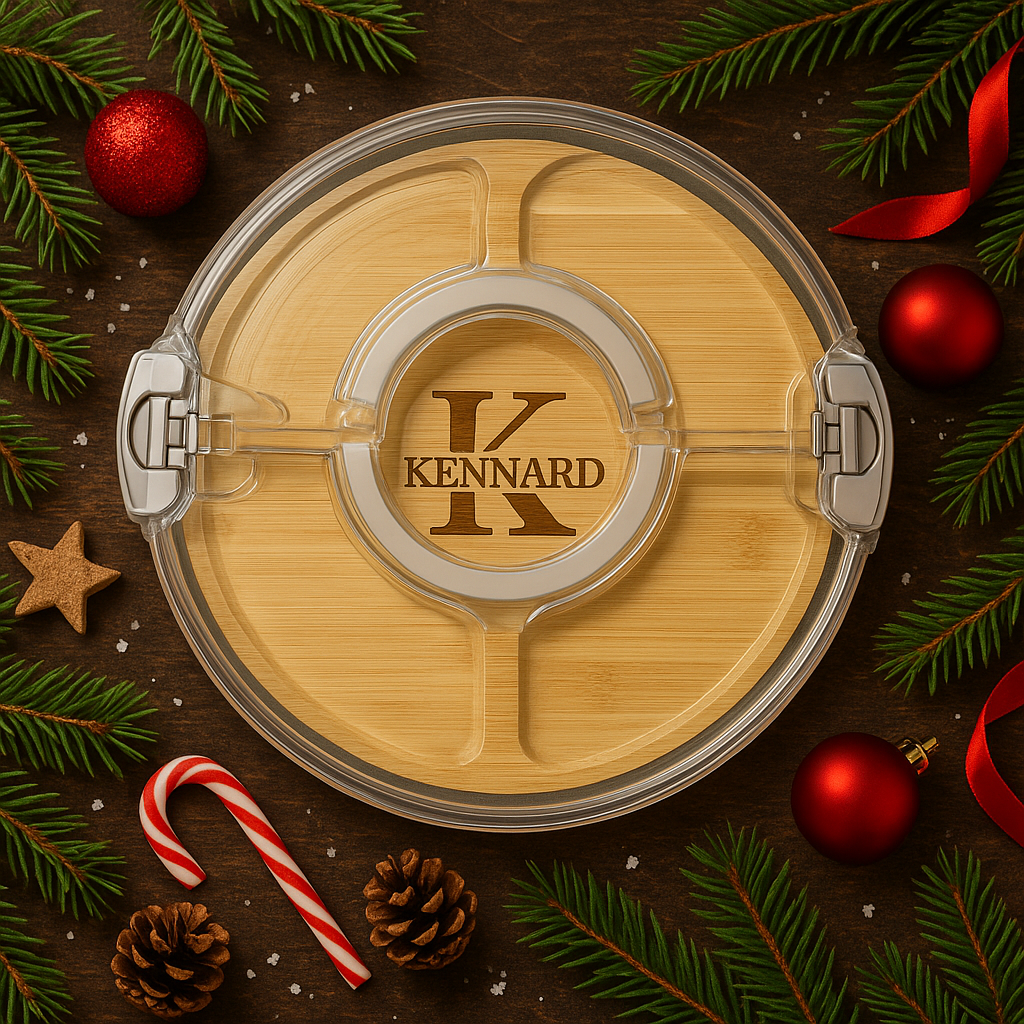 Engraved Round bamboo cutting board with locking lid