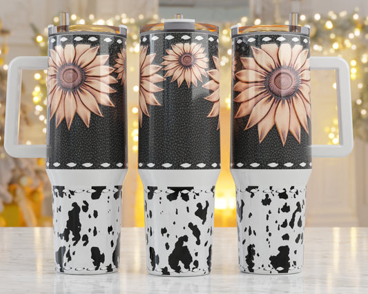 40oz Tumbler-Western Leather Cow Print Sunflowers, Her Birthday Gift, Add custom name for free! Great Gift!