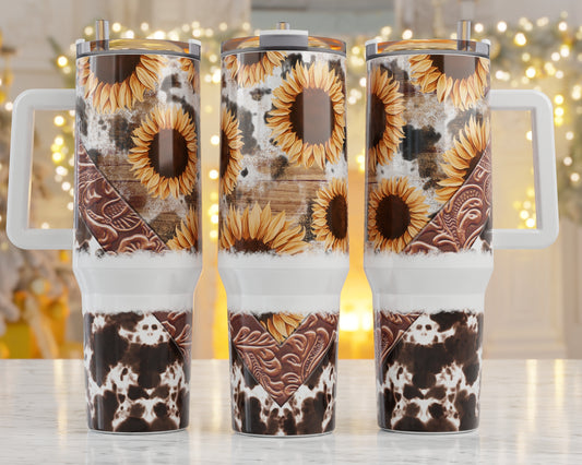 40oz Tumbler-Sunflower Tooled Leather Her Birthday Gift, Add custom name for free! Great Gift!