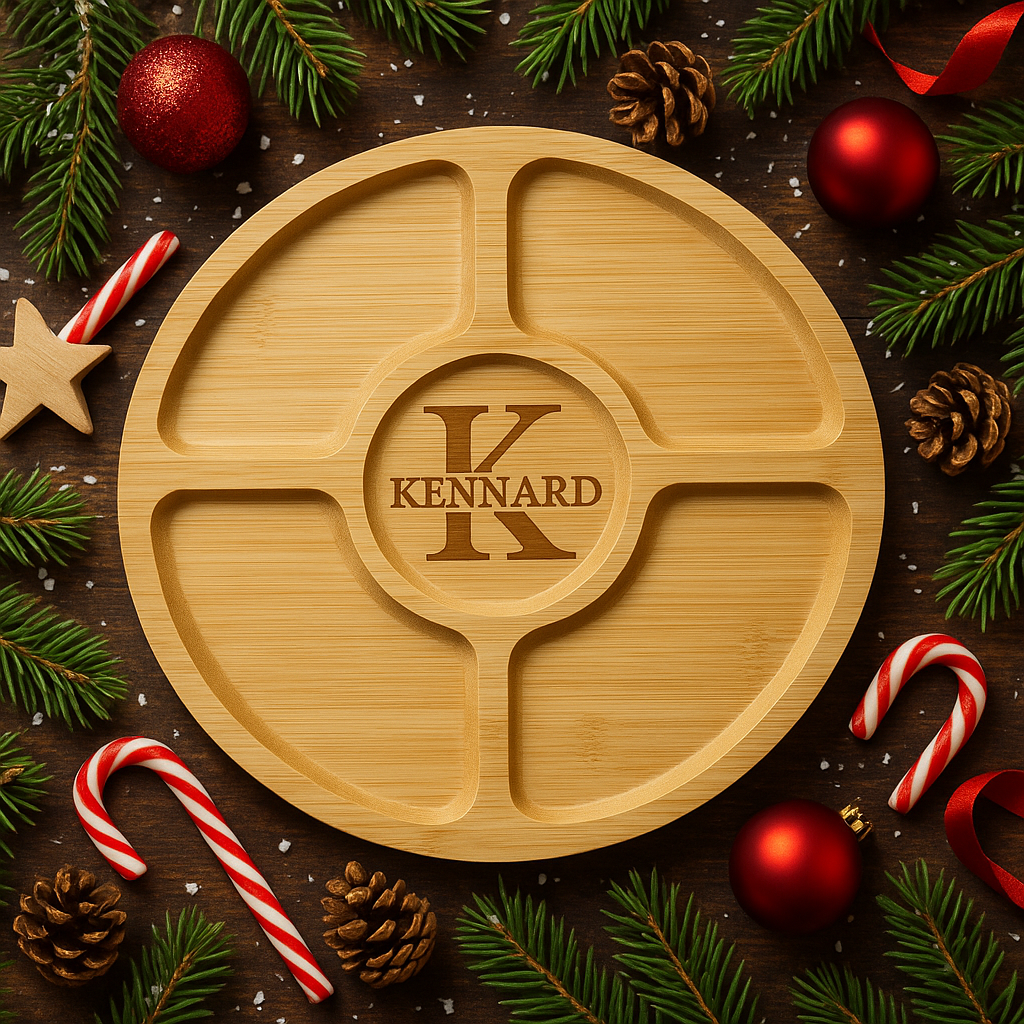 Engraved Round bamboo cutting board with locking lid