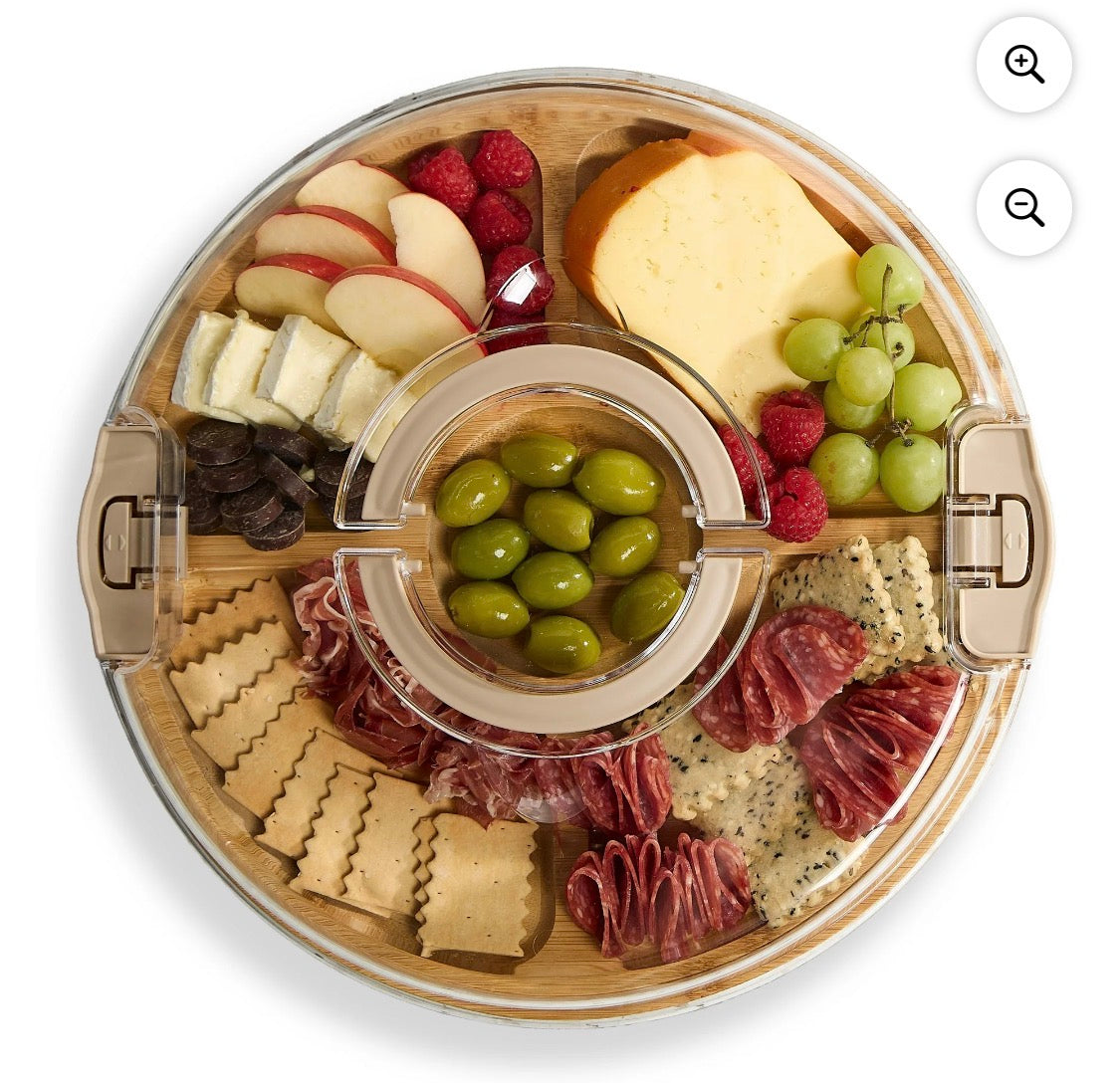 Engraved Round bamboo cutting board with locking lid