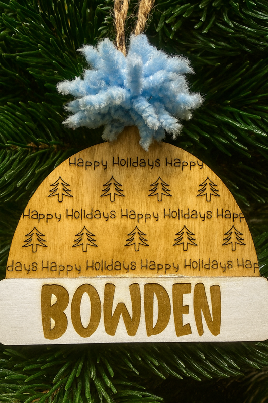 Beanie Hat Ornament- Blue,Pink, White or Black Pom with personalized name