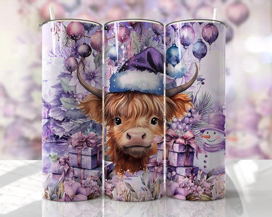 3D Santa Highlander Cow - 20 oz or 30oz Skinny Tumblers w/ Lid and Metal Straw