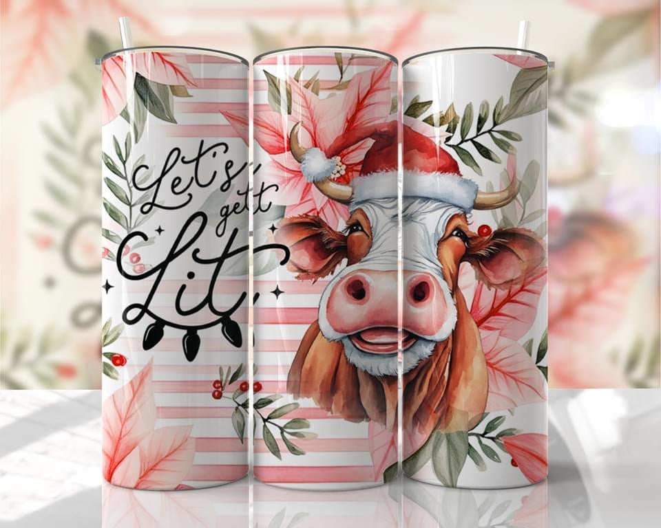 3D Santa Cow -Let’s get Lit- 20 oz or 30oz Skinny Tumblers w/ Lid and Metal Straw