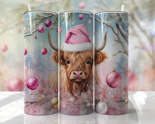 pink Santa Cow -20 oz or 30oz Skinny Tumblers w/ Lid and Metal Straw