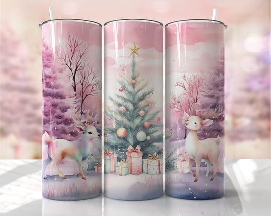 Pink Christmas with Deer ~ 20 oz or 30oz Skinny Tumblers w/ Lid and Metal Straw