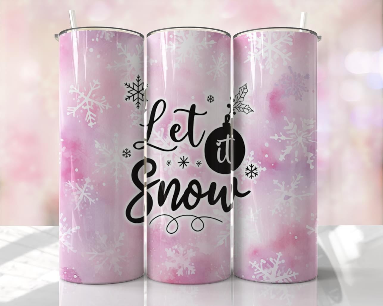 Pink Holiday with Let it Snow ~ 20 oz or 30oz Skinny Tumblers w/ Lid and Metal Straw