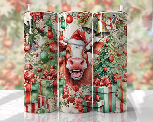 Cheery Christmas Cow with Santa hat, gifts~ 20 oz or 30oz Skinny Tumblers w/ Lid and Metal Straw