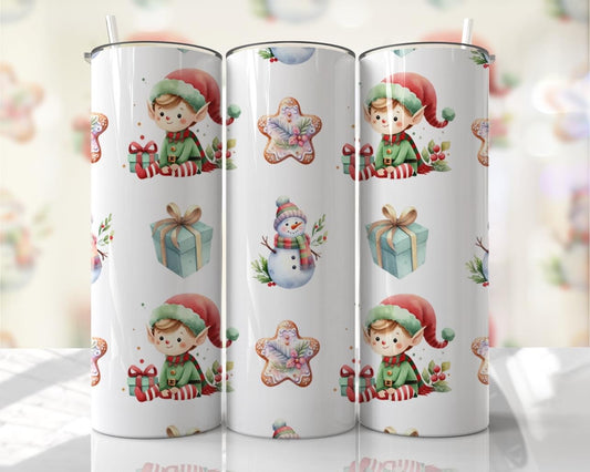 Christmas elf , snowman , gifts~20 oz or 30oz Skinny Tumblers w/ Lid and Metal Straw