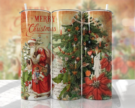 Merry Christmas santa with tree ~ 20 oz or 30oz Skinny Tumblers w/ Lid and Metal Straw