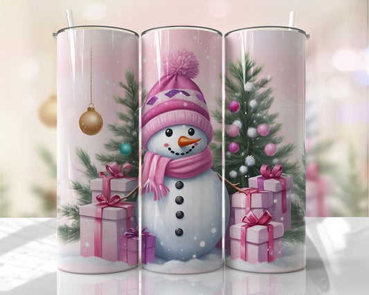 Pink Snowman with gift and trees ~ 20 oz or 30oz Skinny Tumblers w/ Lid and Metal Straw