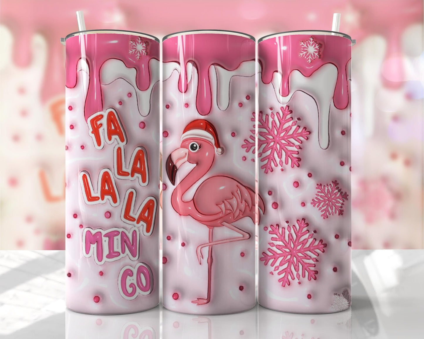 Pink Flamingo in Santa Hat 3D~ 20 oz or 30oz Skinny Tumblers w/ Lid and Metal Straw