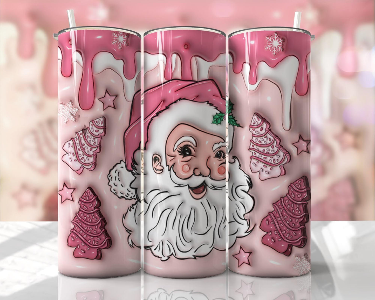 3D Santa with Christmas tree Cakes 3 D Puff ~ 20 oz or 30oz Skinny Tumblers w/ Lid and Metal Straw