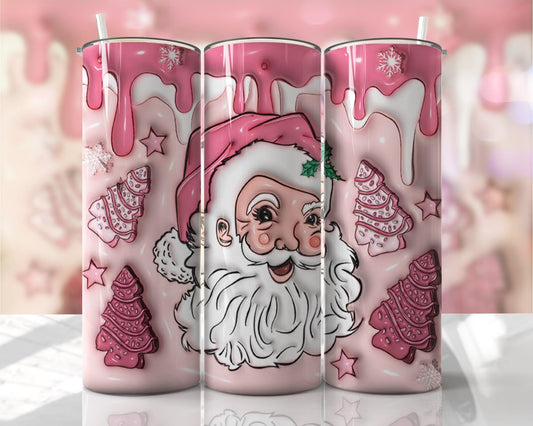 3D Santa with Christmas tree Cakes 3 D Puff ~ 20 oz or 30oz Skinny Tumblers w/ Lid and Metal Straw