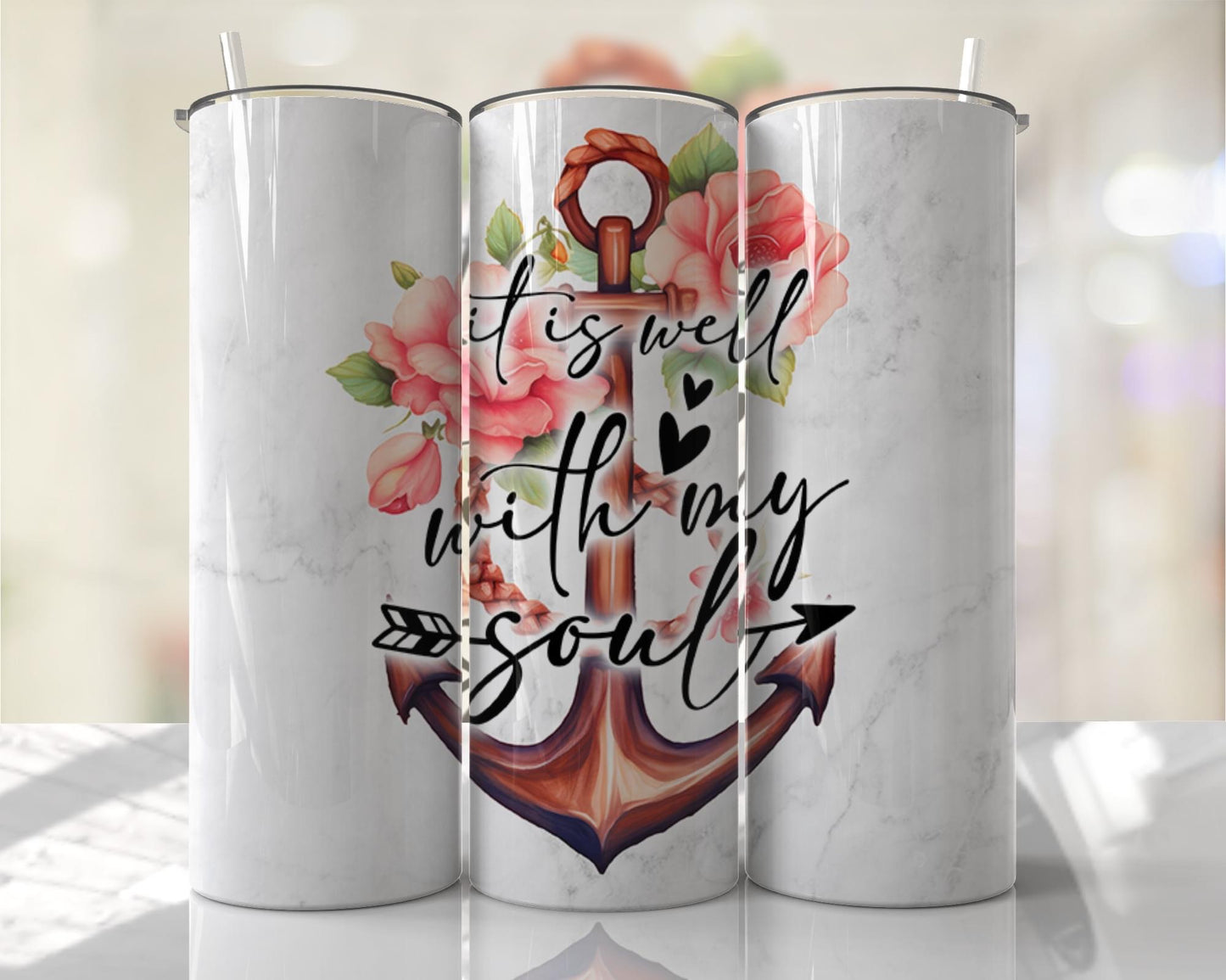 All is well with my souls -Anchor ~20 oz or 30oz Skinny Tumblers w/ Lid and Metal Straw