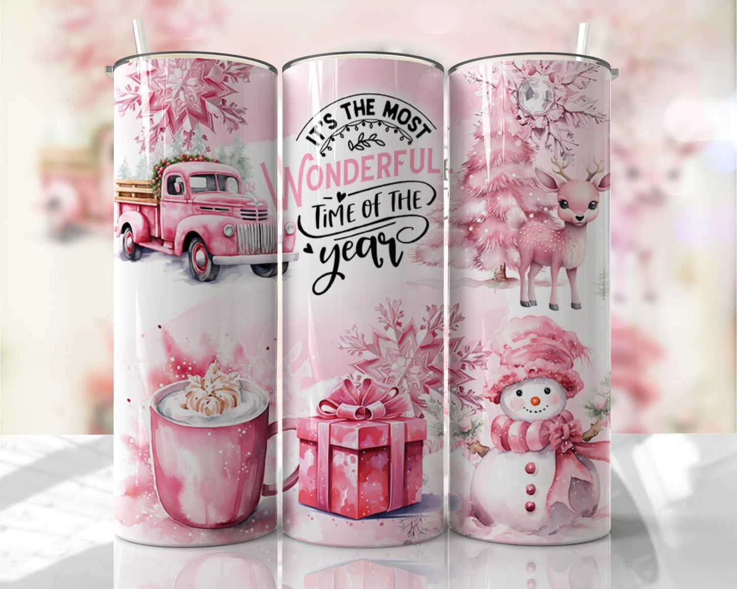 Pink Christmas It’s the most wonderful time of the year ~20 oz or 30oz Skinny Tumblers w/ Lid and Metal Straw