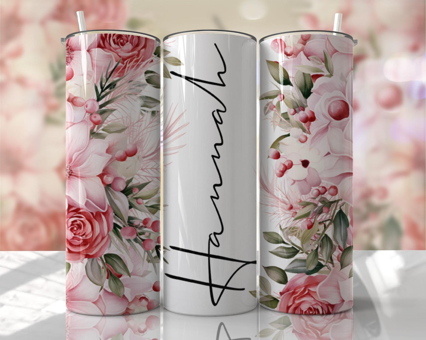 Pink Holiday Flowers with Custom Name- 20 oz or 30oz Skinny Tumblers w/ Lid and Metal Straw