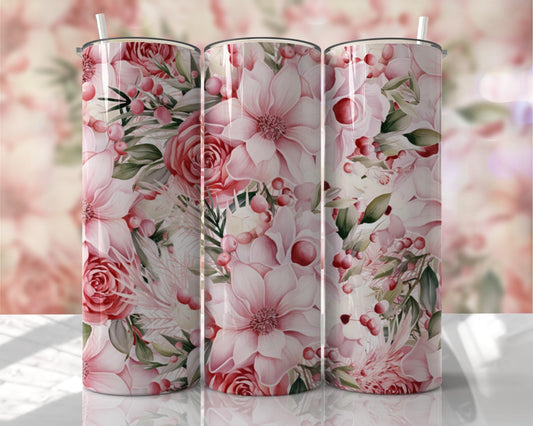 Pink Holiday Flowers - 20 oz or 30oz Skinny Tumblers w/ Lid and Metal Straw