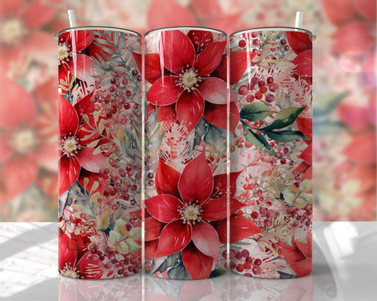 Holiday Christmas Flowers ~20 oz or 30oz Skinny Tumblers w/ Lid and Metal Straw