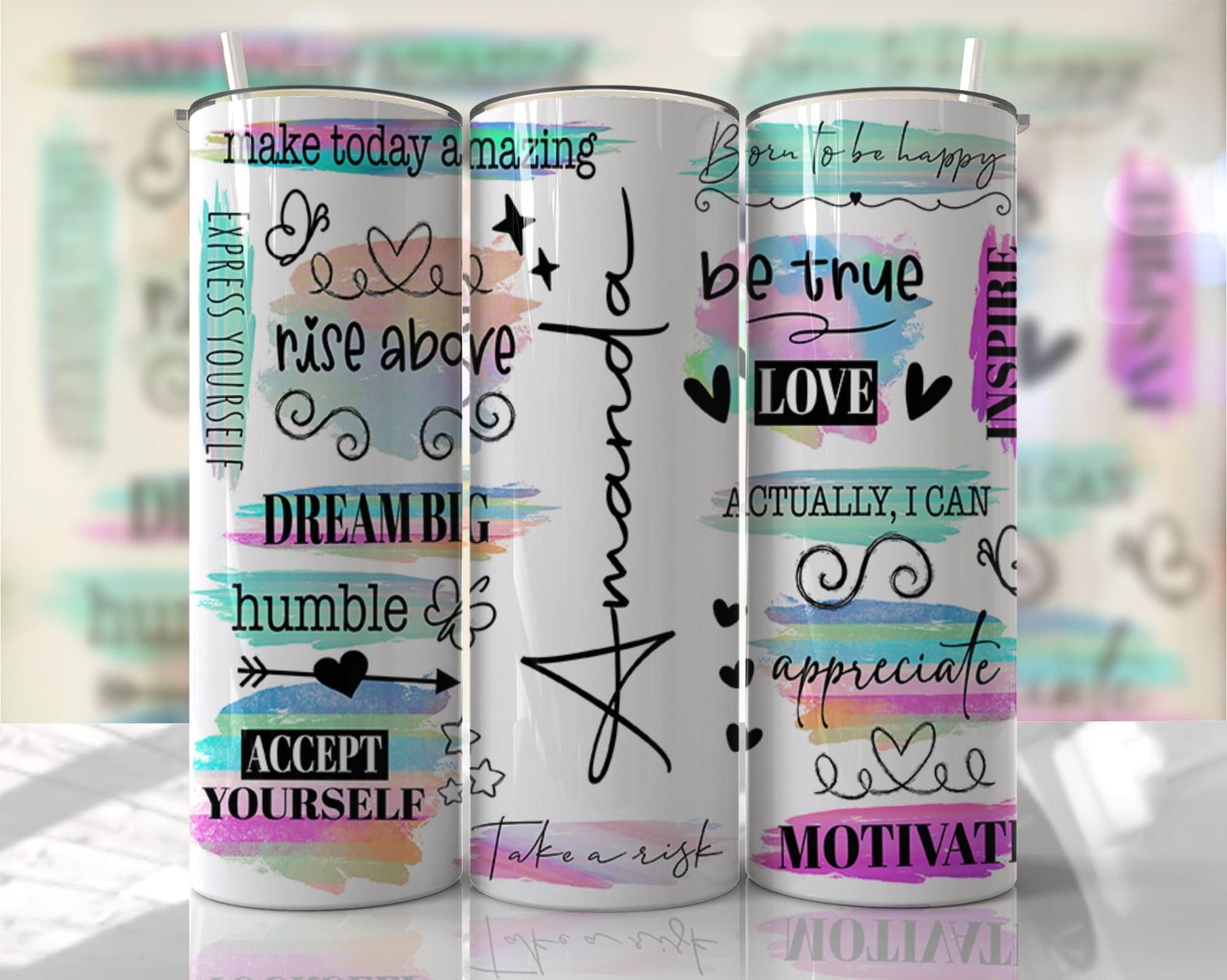 Positive energy with custom name~ 20 oz or 30oz Skinny Tumblers w/ Lid and Metal Straw