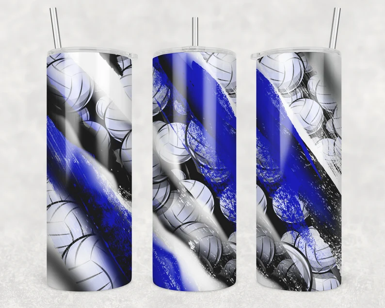 Blue and White Volleyball - 20 oz or 30oz Skinny Tumblers w/ Lid and Metal Straw