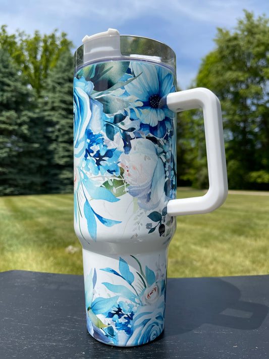 40oz Tumbler- Tropical Teal Flowers His/Her Birthday Gift, Add custom name for free! Great Gift!