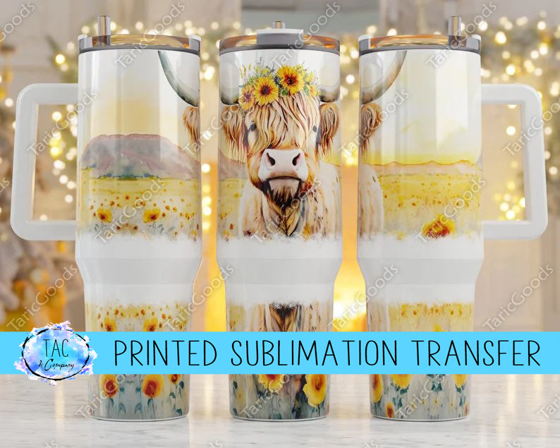 40 oz - Highlander Cow in Fields of Flowers Sublimation Print (This Is Not A Digital File)