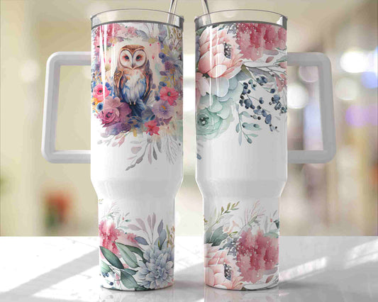 40oz Pink Flowers with Owl Tumbler