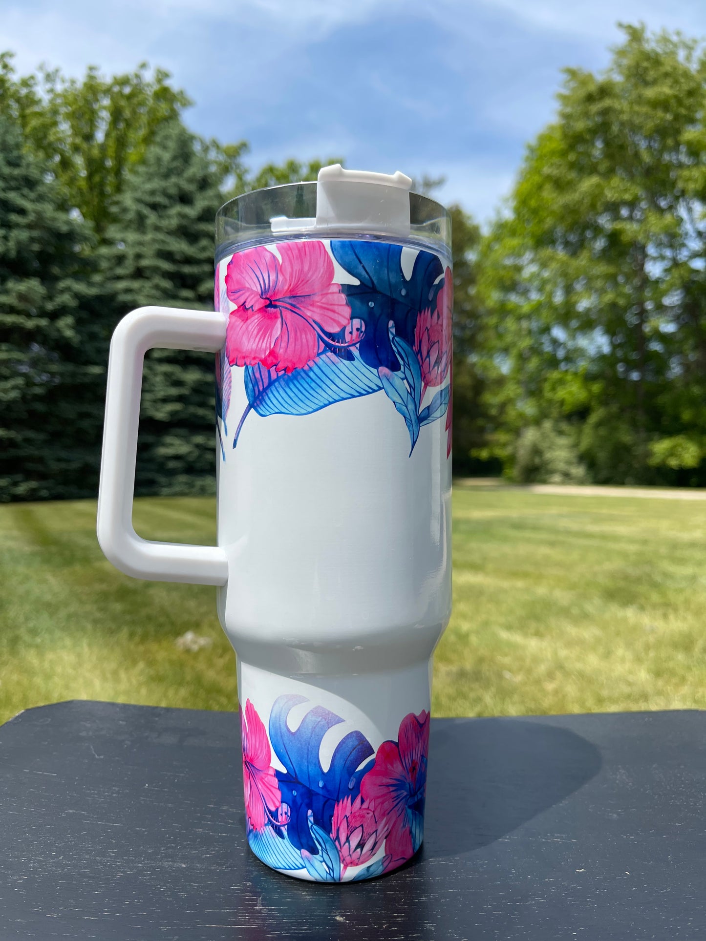 40oz Tumbler- Hit Pink Tropical Flowers His/Her Birthday Gift, Add custom name for free! Great Gift!