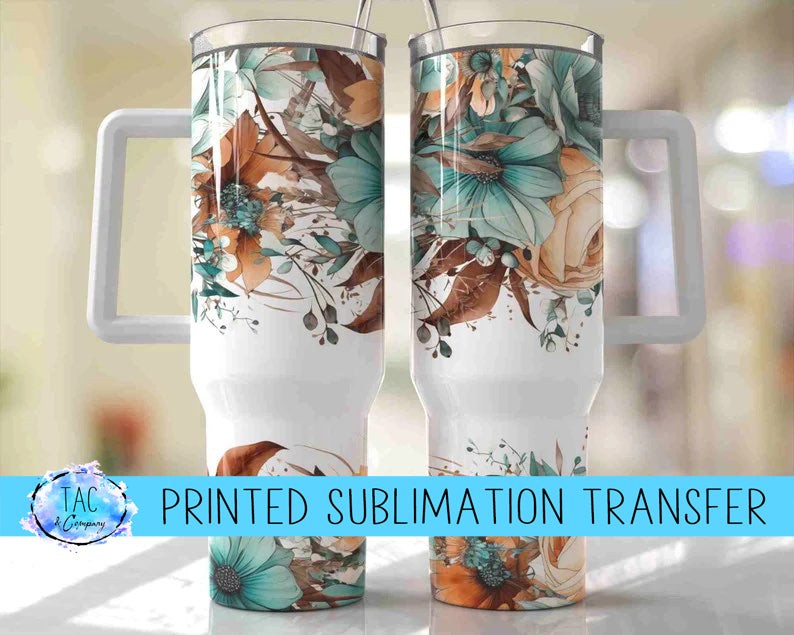 40 oz Teal and Peach Flowers Sublimation Print (This Is Not A Digital File)