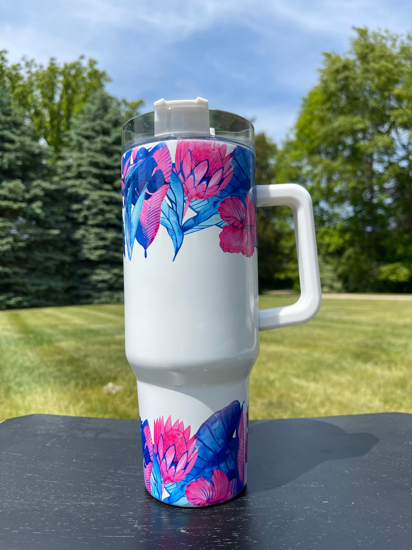 40oz Tumbler- Hit Pink Tropical Flowers His/Her Birthday Gift, Add custom name for free! Great Gift!