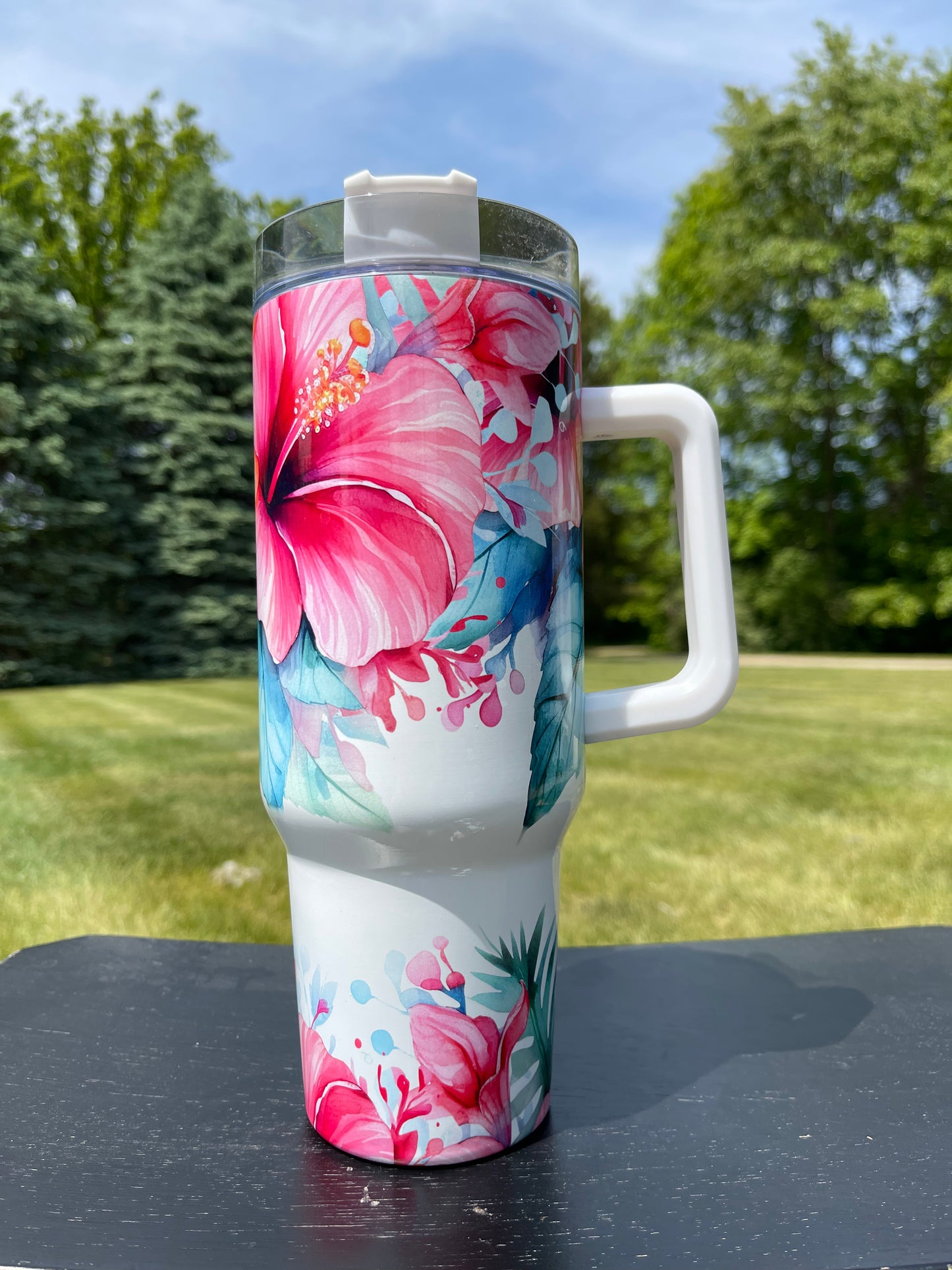 40oz Tumbler- Pink Tropical Flowers His/Her Birthday Gift, Add custom name for free! Great Gift!